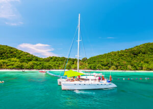 A luxury catamaran anchored in turquoise waters near lush green hills.