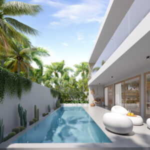 Modern villa poolside with tropical landscaping, SKHAI luxury real estate