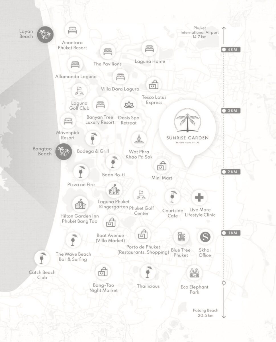 Map highlighting nearby attractions to tropical pool villas Bangtao Phuket.