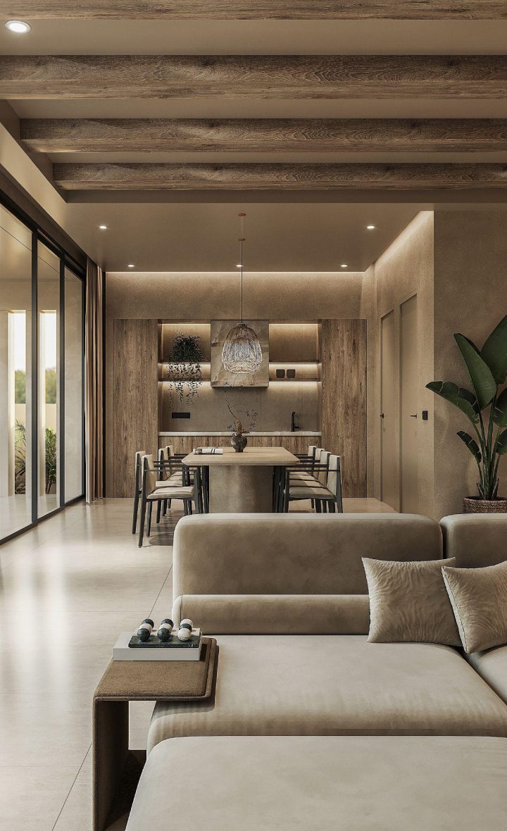 Stylish dining area in lakeside villas Bangtao gated community with modern decor.