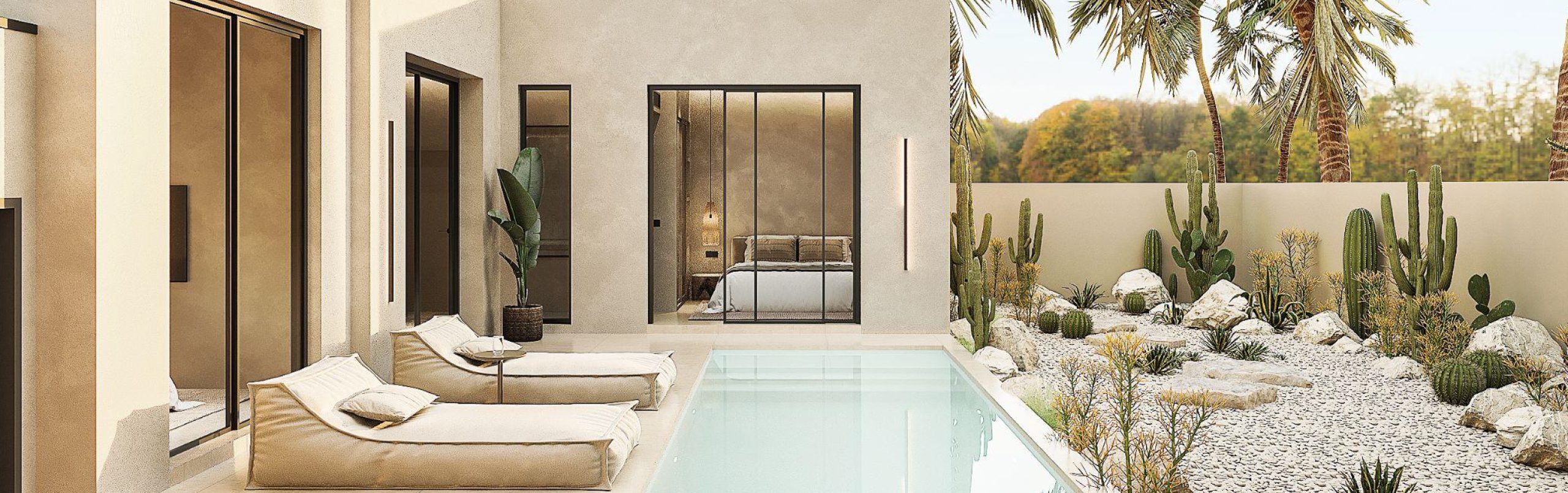 Serene outdoor lounge area by the pool in lakeside villas Bangtao gated community.