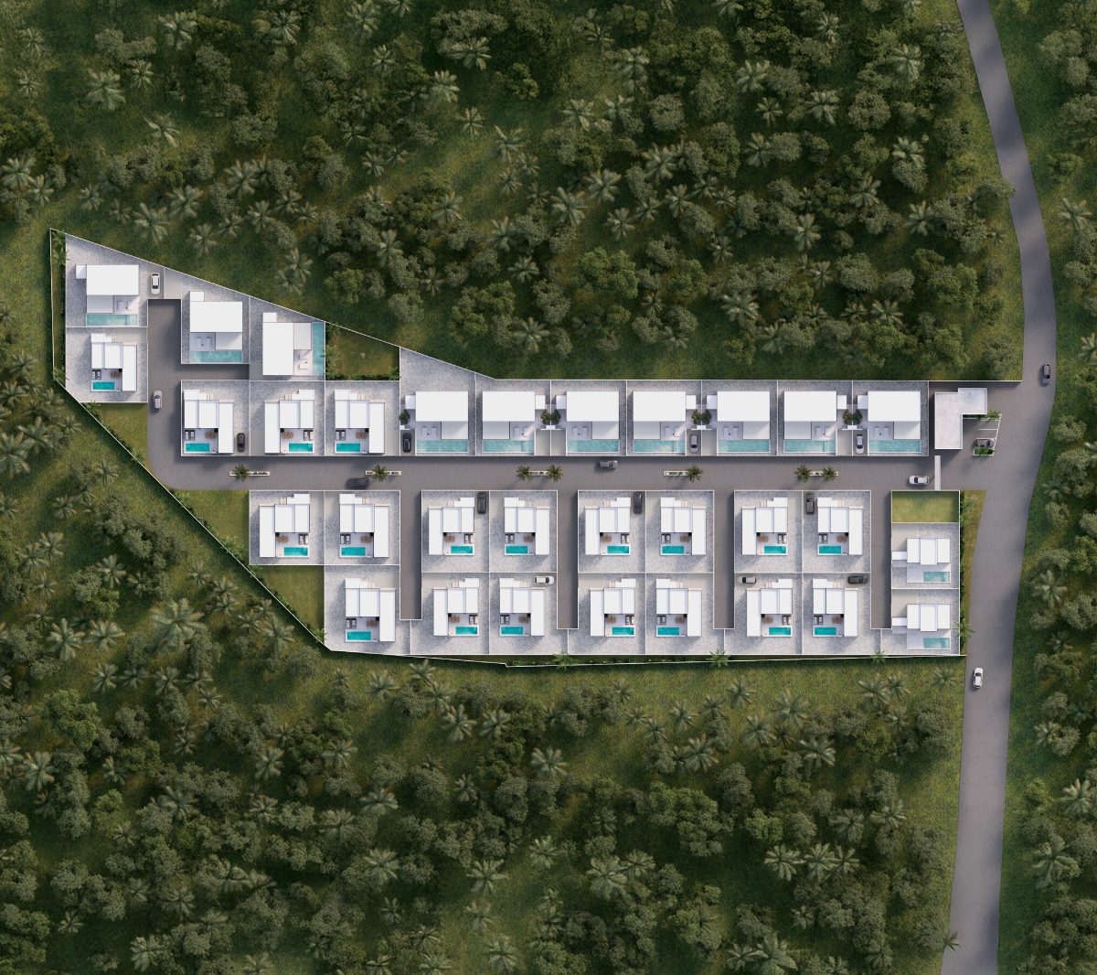 Aerial view of Sunrise Lake Phuket's gated villas in Bangtao