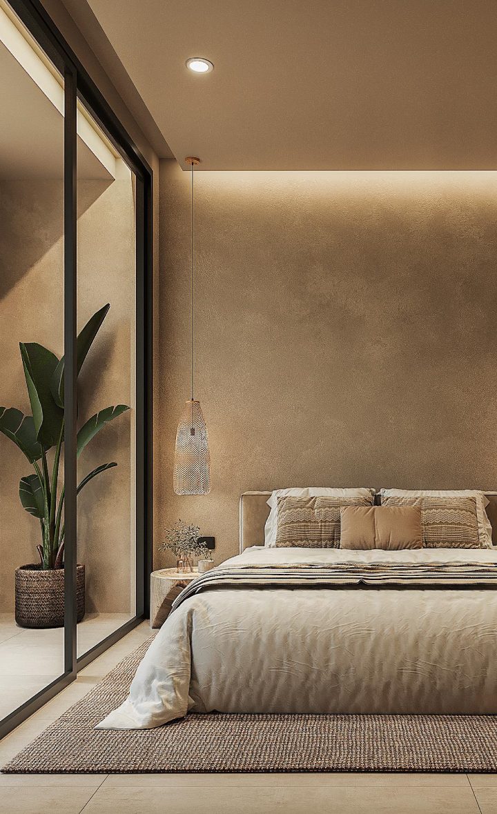 Cozy bedroom in lakeside villas Bangtao gated community with natural light.