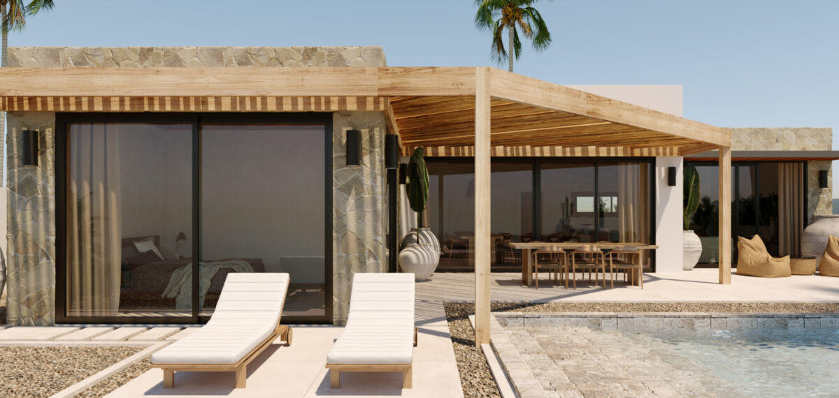 Modern architecture of luxury pool villas Koh Samui with sun loungers