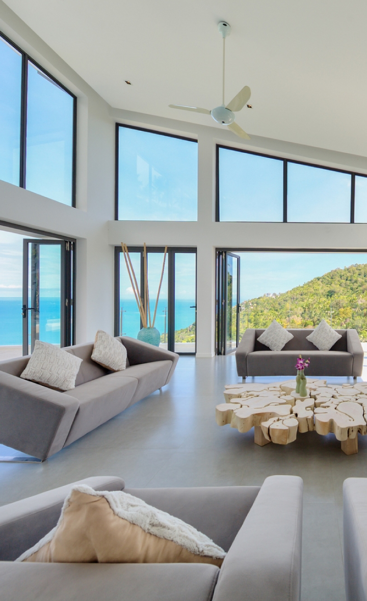 Spacious living room with panoramic sea views at Villa Maeva Koh Samui.