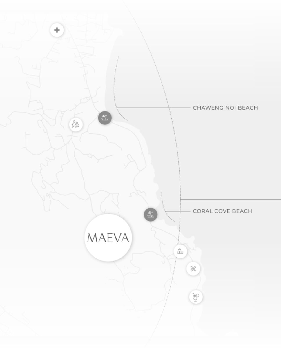 Map highlighting Villa Maeva's proximity to Chaweng Noi Beach and Coral Cove Beach.