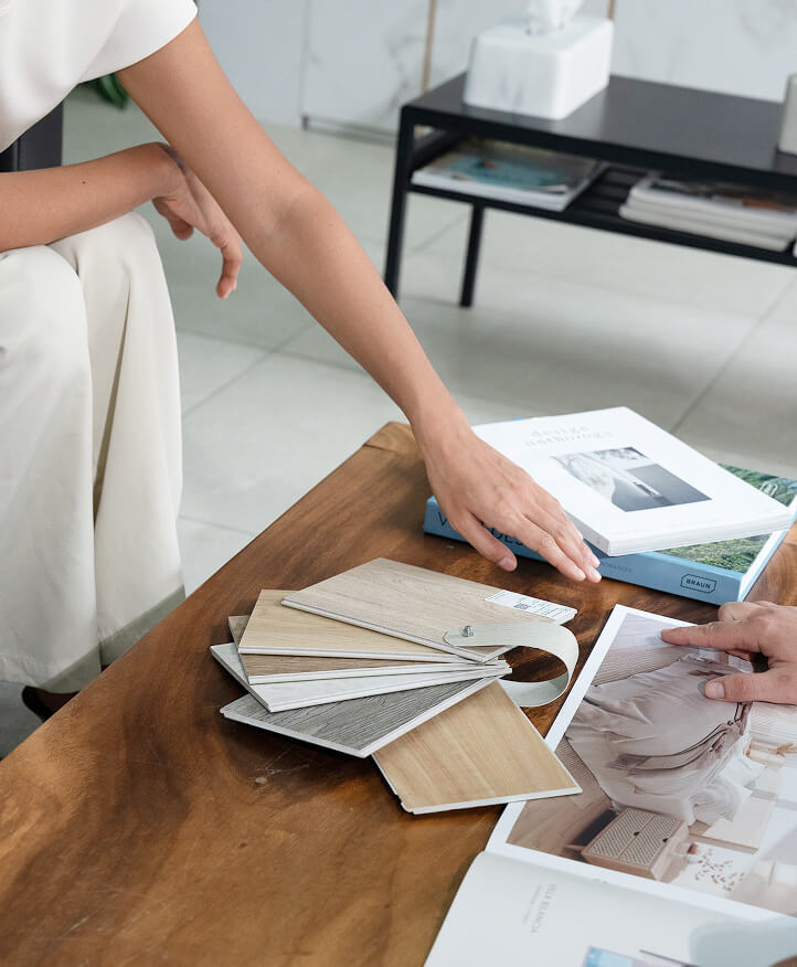 Design consultation for luxury villa developer Thailand with material samples.