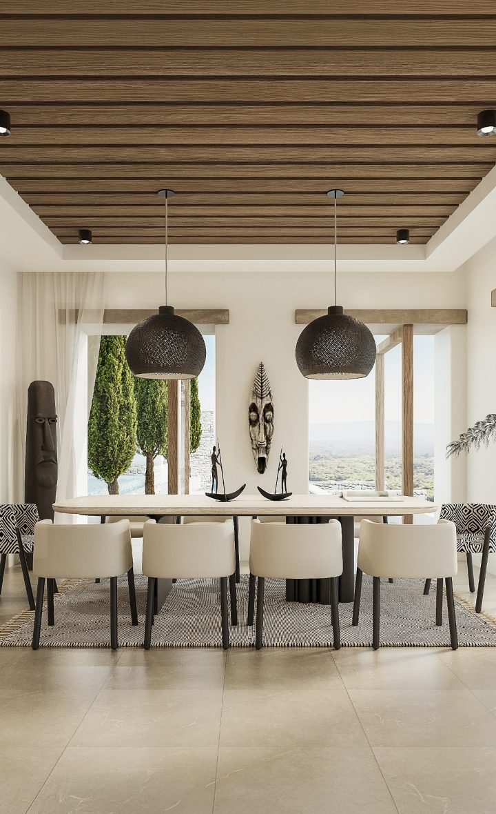 Elegant dining area in luxury seaside villas Mykonos with scenic views.