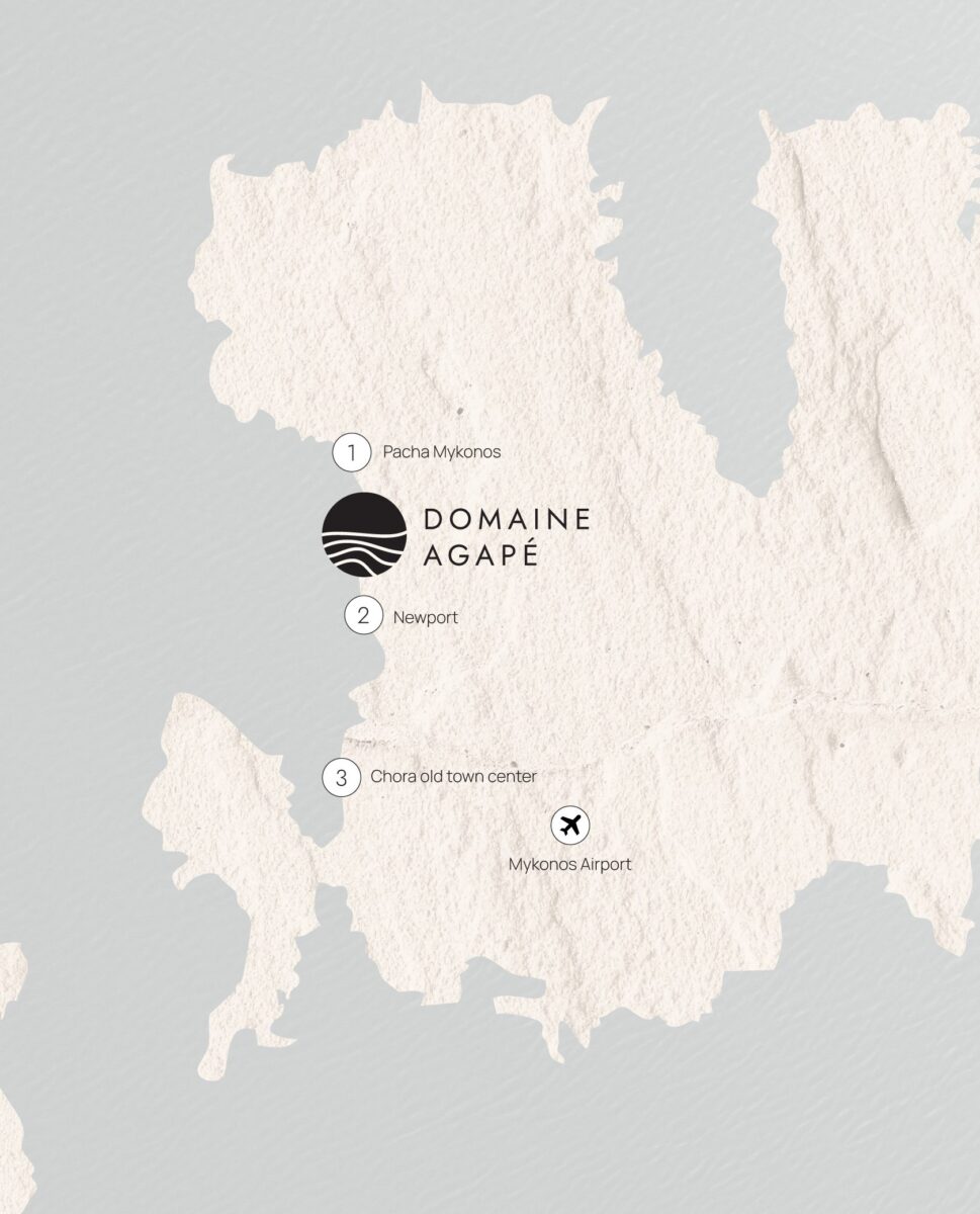 Map highlighting luxury seaside villas Mykonos locations.