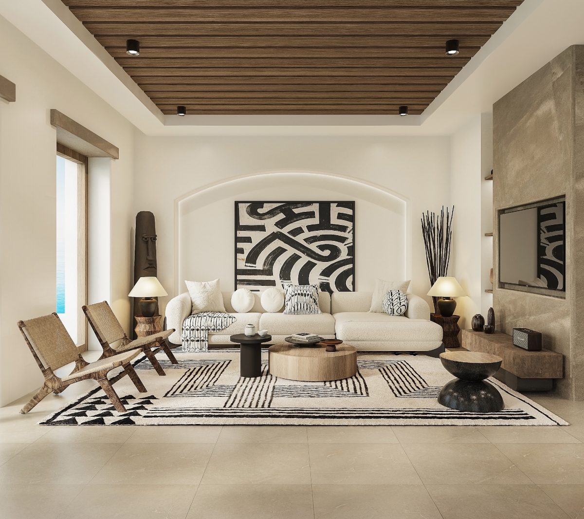 Contemporary living area at Domaine Agapè Mykonos villa