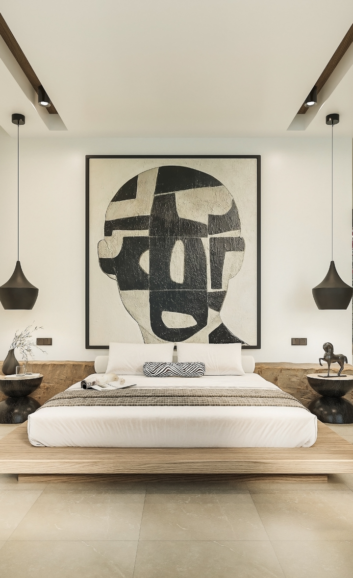 Stylish bedroom in luxury seaside villas Mykonos featuring modern art.