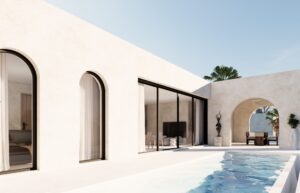 Modern facade of sea view villas Koh Samui with pool