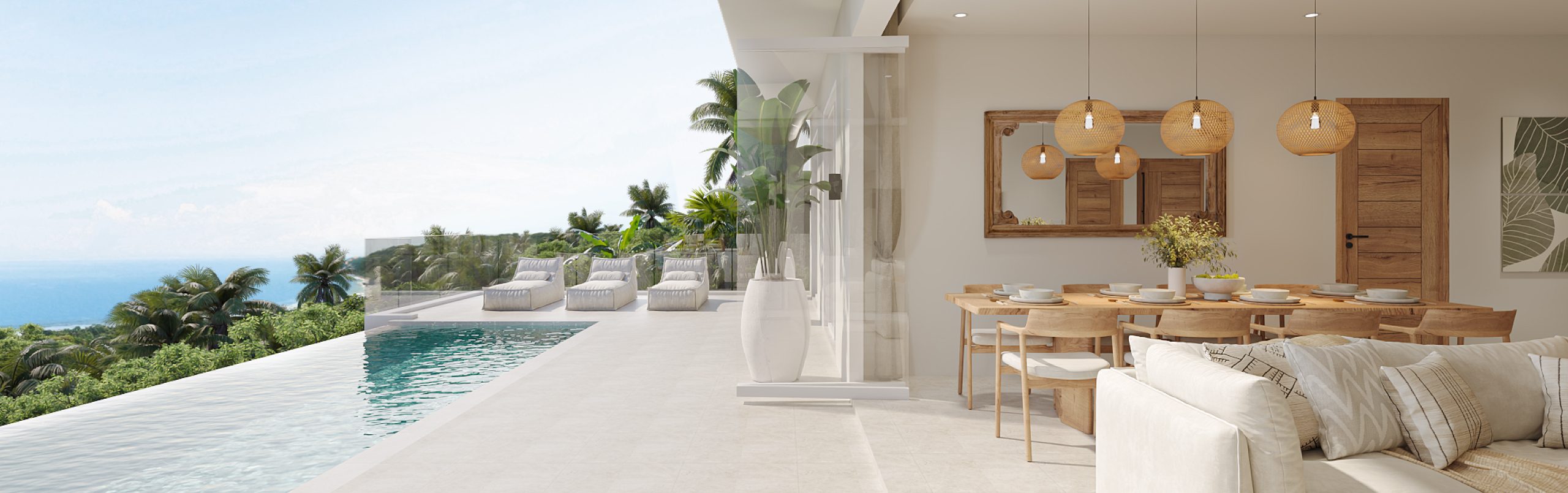 Interior dining area of sea view villas Koh Samui with pool access