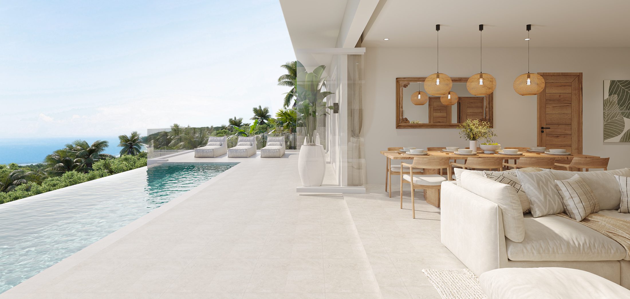 Dining area and infinity pool at Sunrise Hills sea view villas
