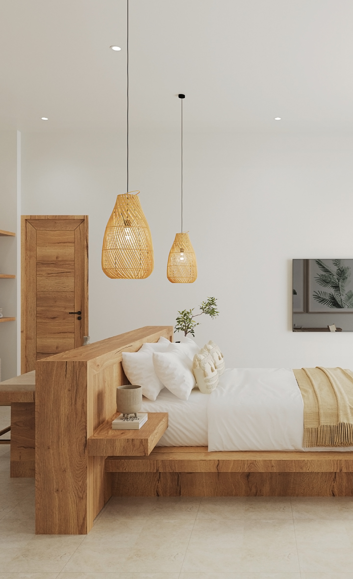 Stylish bedroom in sea view villas Koh Samui with natural wood accents