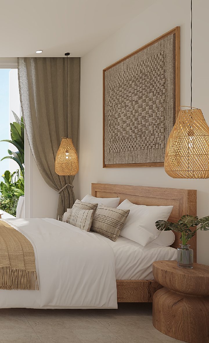 Stylish bedroom in pool suites Chaweng Noi Samui with natural decor.