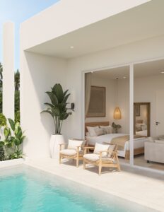 Modern luxury suite with poolside view at SKHAI luxury real estate
