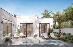 Chic terrace of luxury pool villas Phuket with modern loungers and greenery