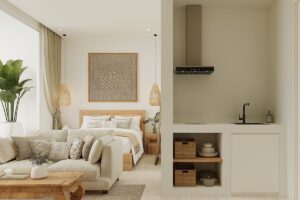 Furnished studio interior with bed, lounge and kitchenette at Sunrise Suites, Chaweng Noi, Koh Samui