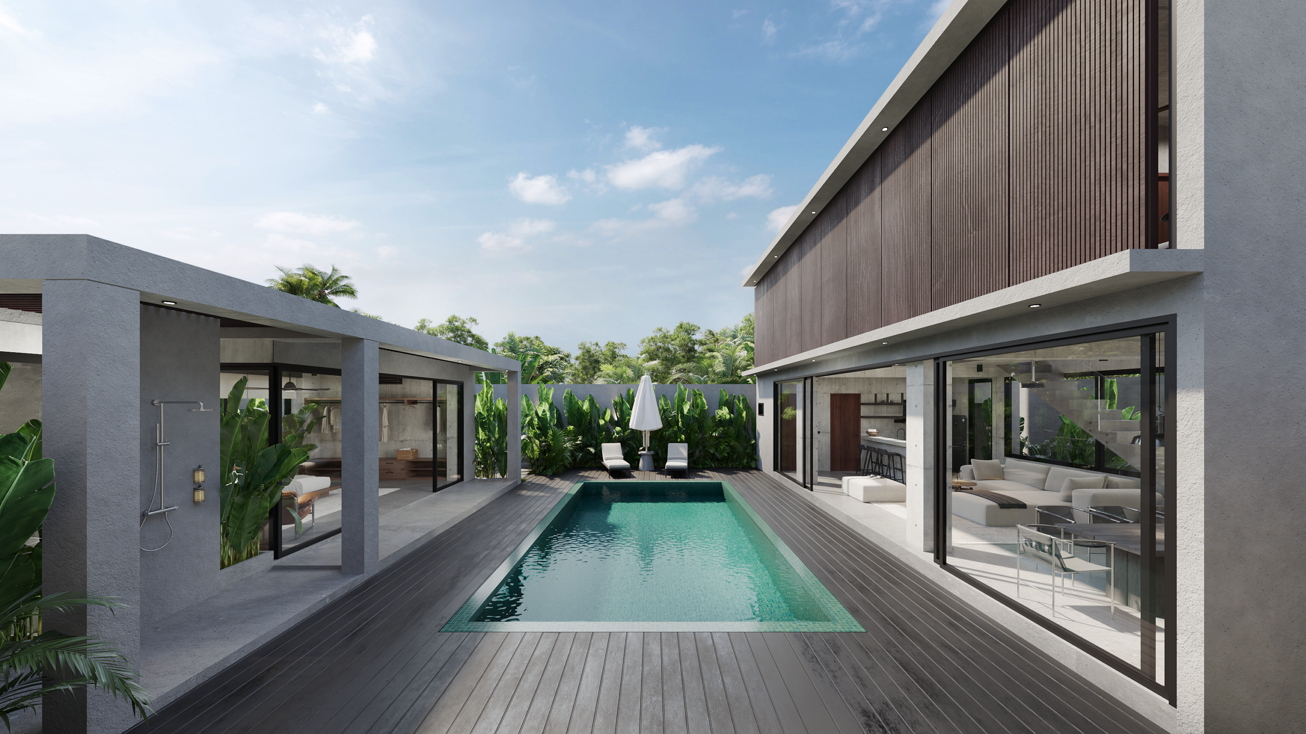 Contemporary poolside lounge at CORE Villas Bali
