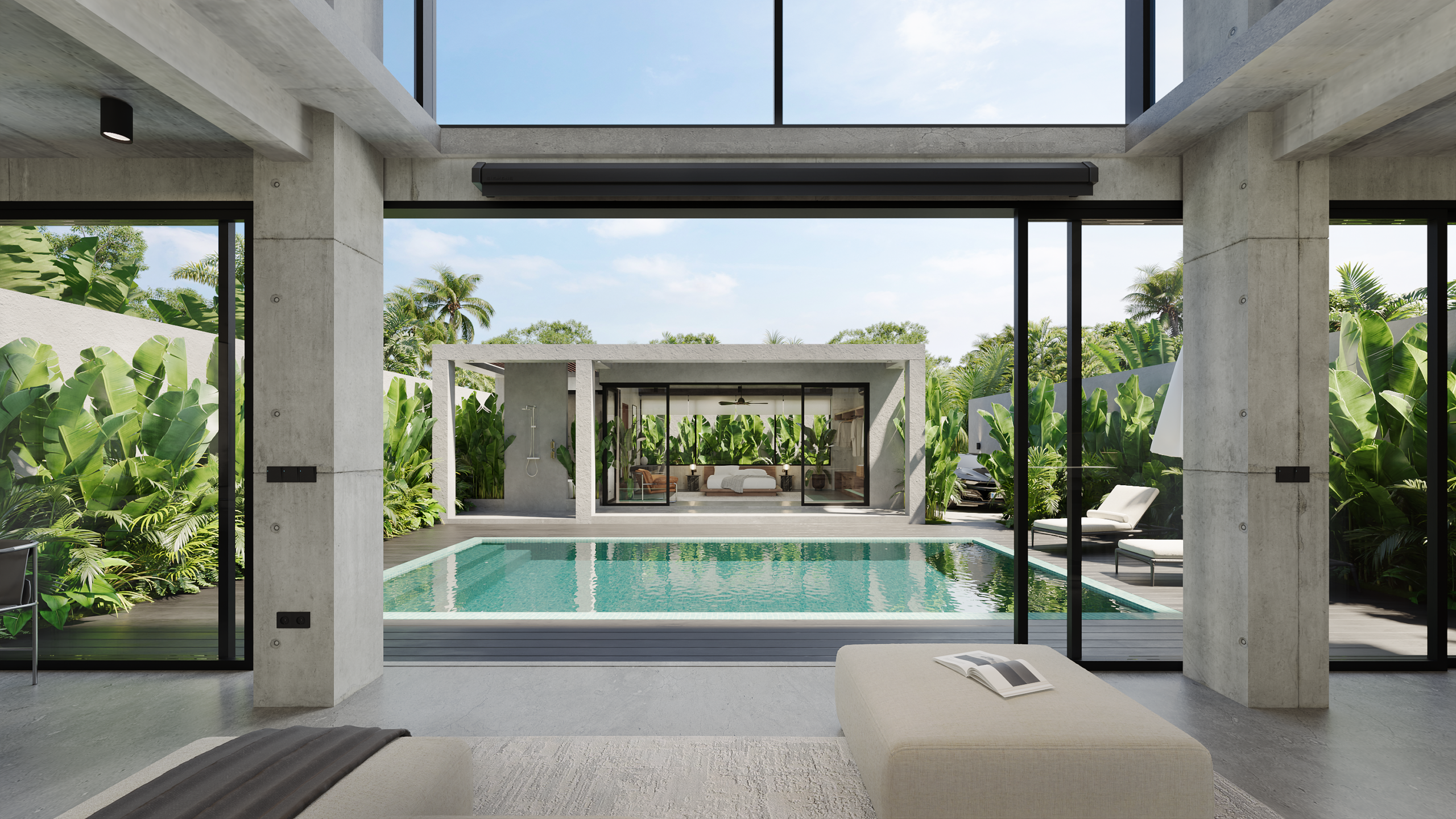 Modern living area view of pool at CORE Villas luxury retreat Bali