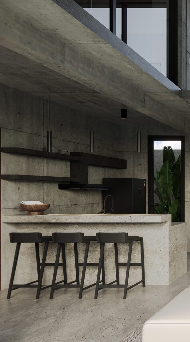 Sleek kitchen interior in luxury private villas Bali with minimalist design.