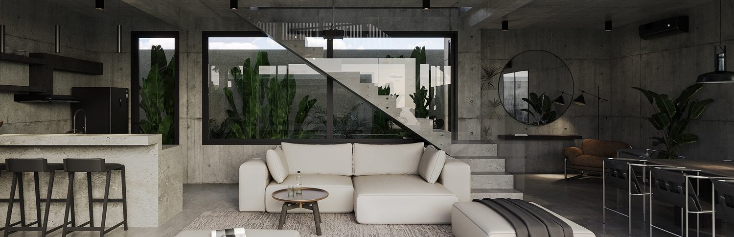 Spacious living area in luxury private villas Bali with concrete design and plants