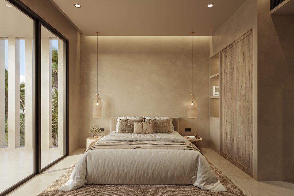 Pool villa for sale in Phuket — luxury bedroom with tropical garden view